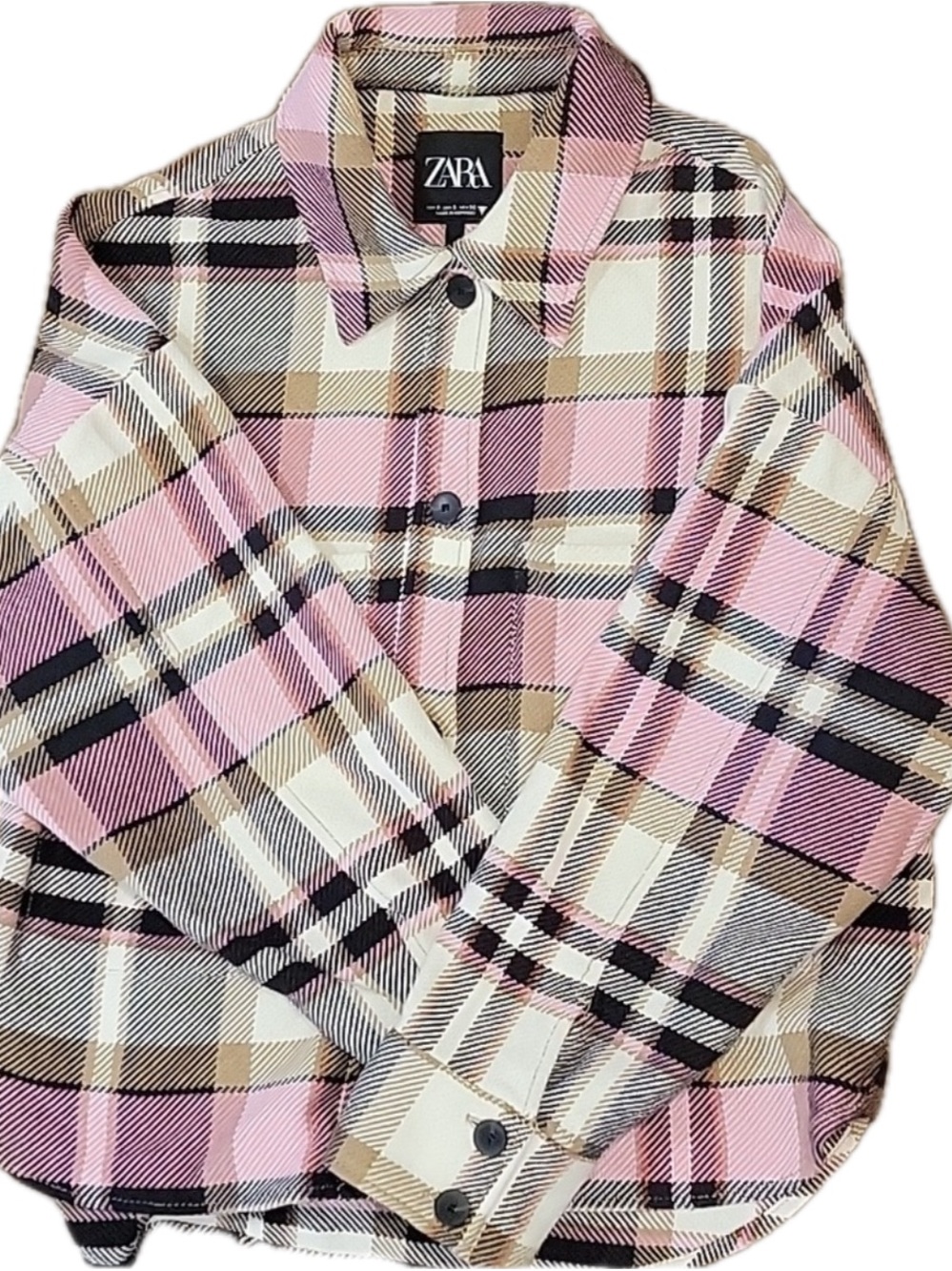 ZARA Pink, Brown & Cream Plaid Button-Up Shacket